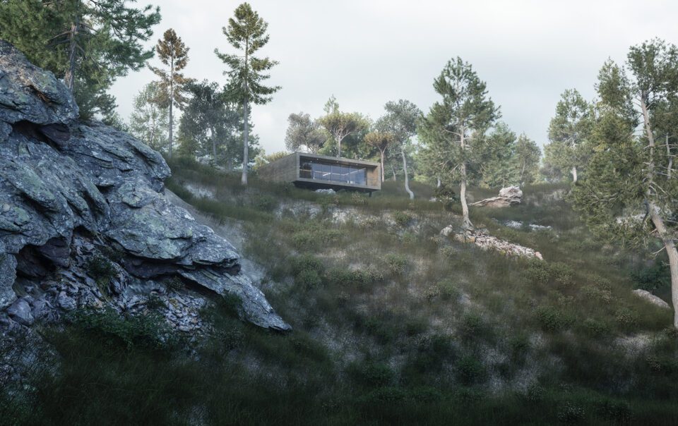 Fotografía de una cabaña en una zona rodeada de pinos